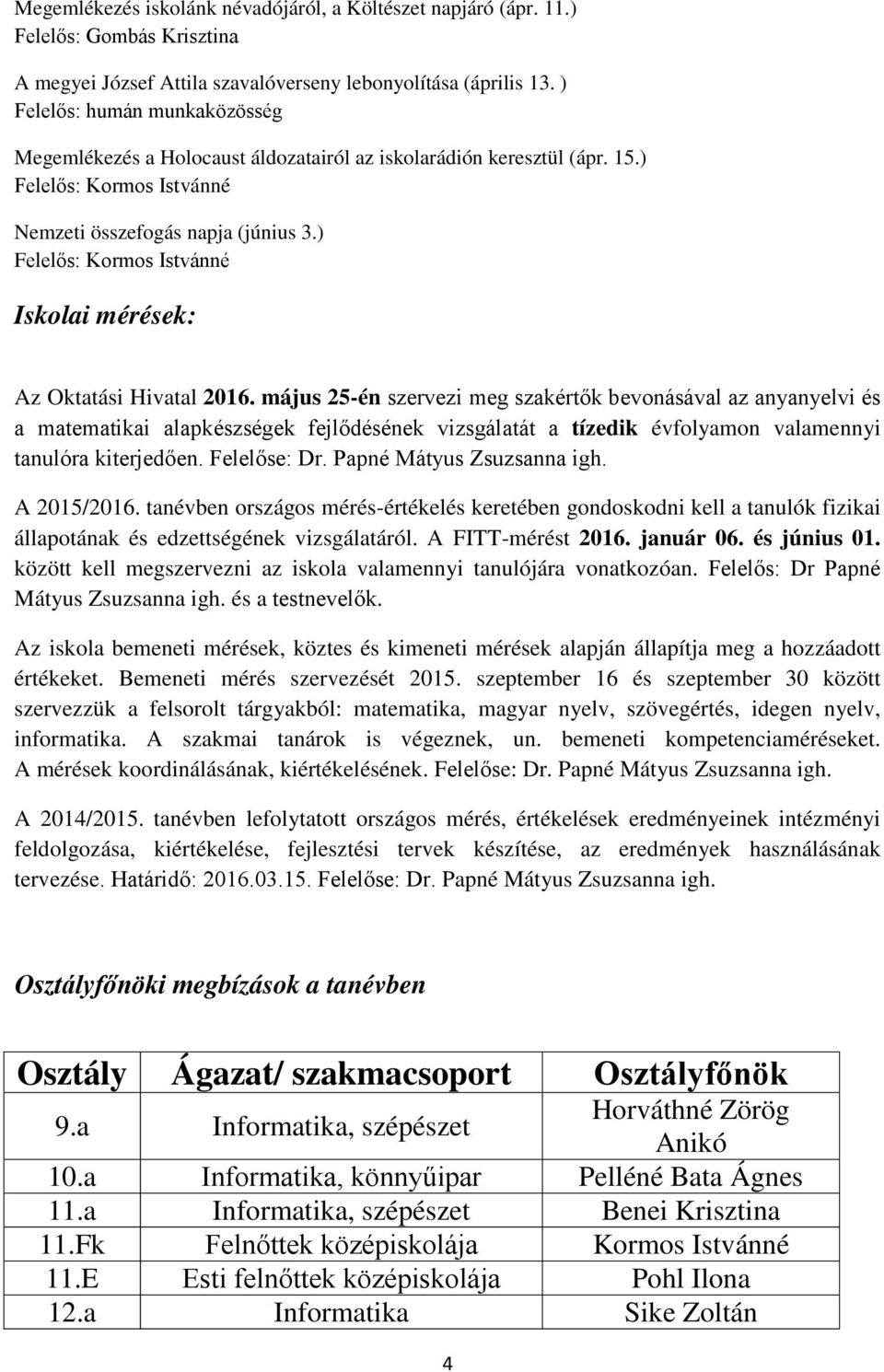 ) Felelős: Kormos Istvánné Iskolai mérések: Az Oktatási Hivatal 2016.