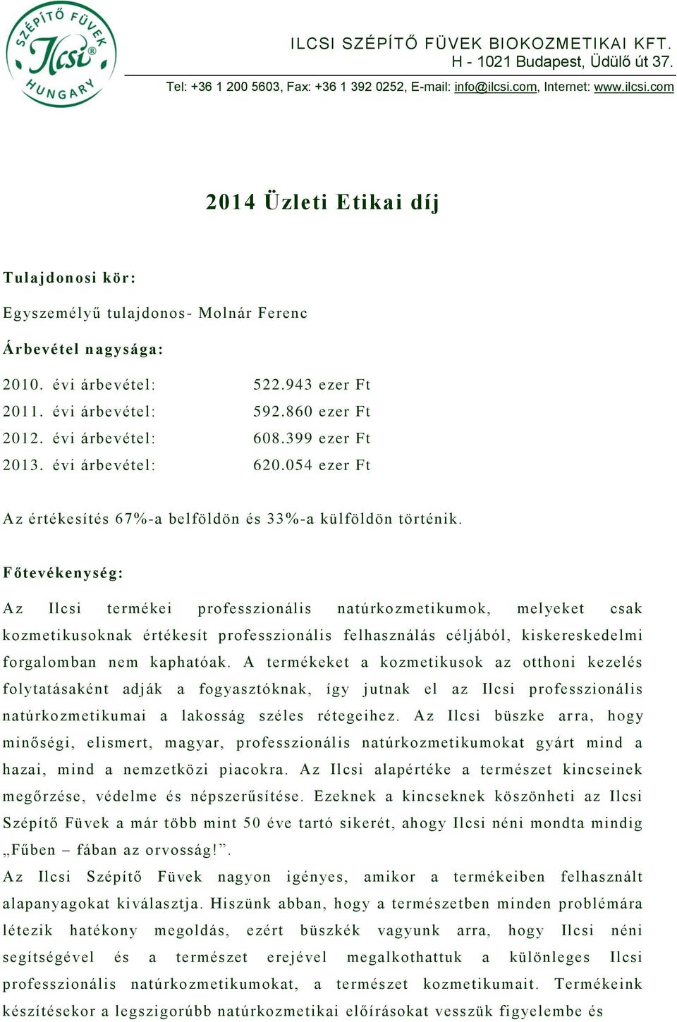 Főtevékenység: Az Ilcsi termékei professzionális natúrkozmetikumok, melyeket csak kozmetikusoknak értékesít professzionális felhasználás céljából, kiskereskedelmi forgalomban nem kaphatóak.