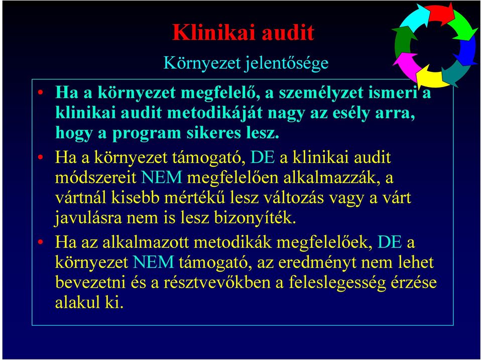 Ha a környezet támogató, DE a klinikai audit módszereit NEM megfelelően alkalmazzák, a vártnál kisebb mértékű lesz