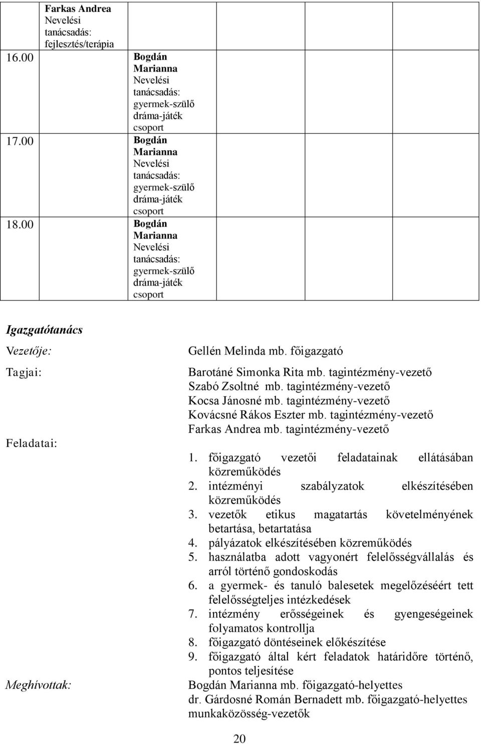 00 Bogdán Marianna Nevelési tanácsadás: gyermek-szülő dráma-játék csoport Igazgatótanács Vezetője: Tagjai: Feladatai: Meghívottak: Gellén Melinda mb. főigazgató Barotáné Simonka Rita mb.