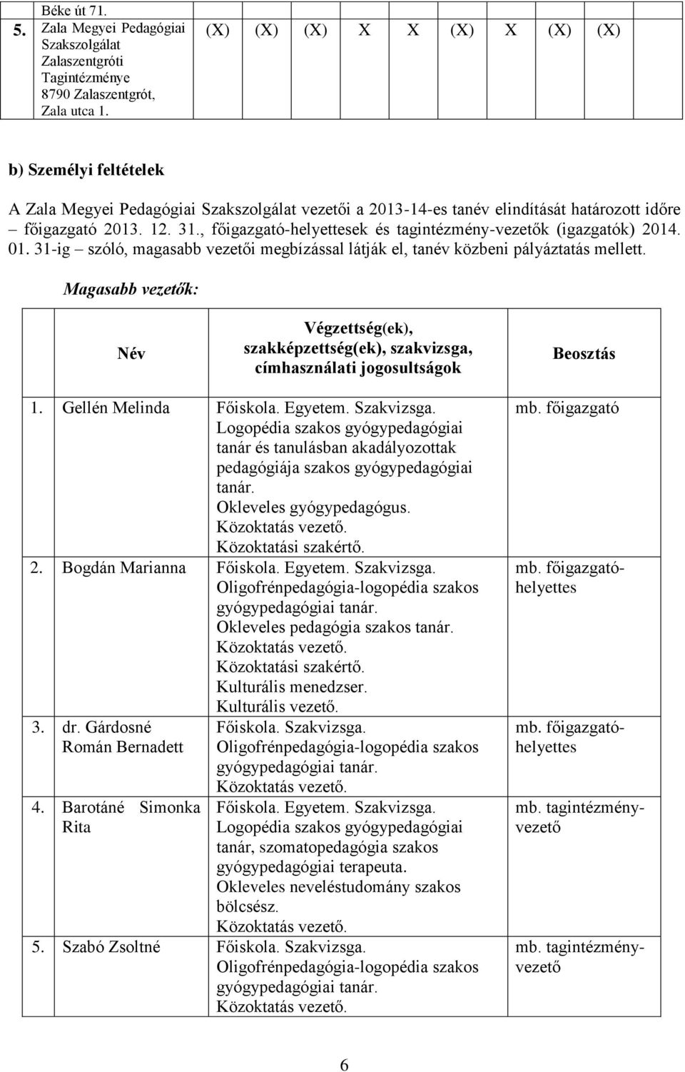 , főigazgató-helyettesek és tagintézmény-vezetők (igazgatók) 2014. 01. 31-ig szóló, magasabb vezetői megbízással látják el, tanév közbeni pályáztatás mellett.