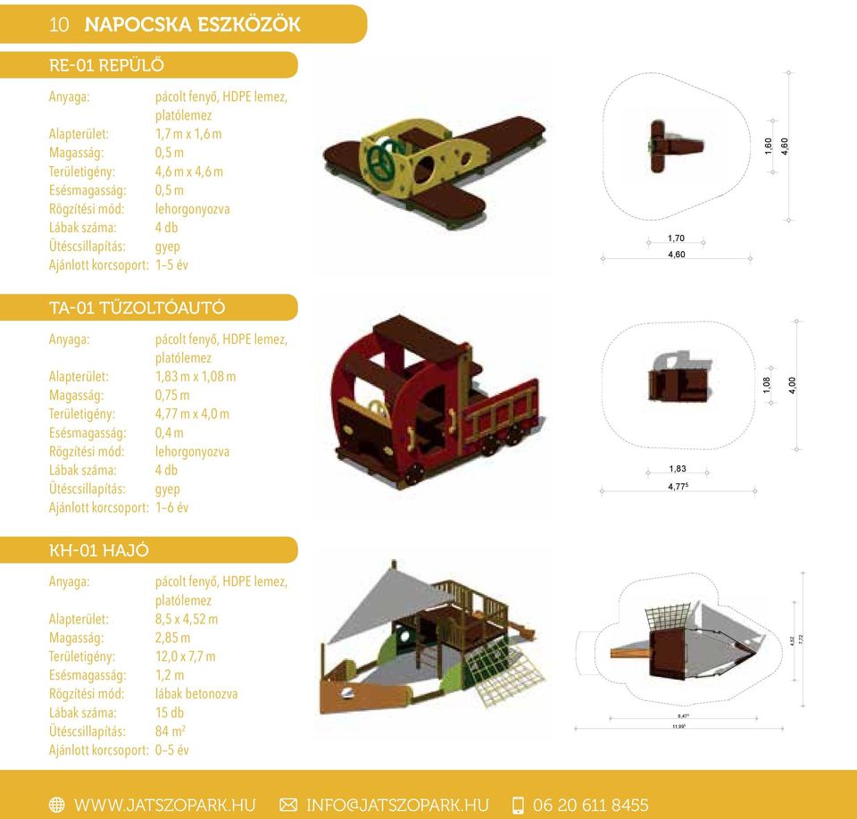4,77 m x 4,0 m Esésmagasság: 0,4 m Rögzítési mód: lehorgonyozva Lábak száma: 4 db Ütéscsillapítás: gyep Ajánlott korcsoport: 1 6 év 1,83 4,77 5 1,08 4,00 KH-01 HAJÓ pácolt fenyő, HDPE lemez,