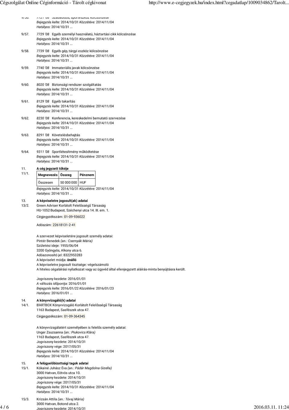 8291 '08 Követelésbehajtás 9/64. 9311 '08 Sportlétesítmény működtetése 11. A cég jegyzett tőkéje 11/1. Megnevezés Összeg Pénznem Összesen 50 000 000 HUF 13. A képviseletre jogosult(ak) adatai 13/2.