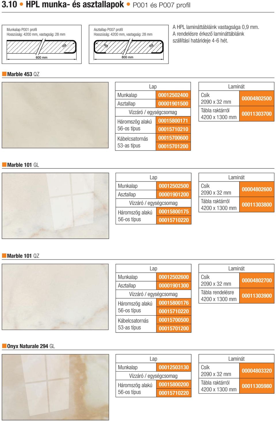 mm 00011303700 Marble 101 GL Munkalap 00012502500 Asztallap 00001901200 Háromszög alakú 00015800175 00004802600 4200 x 1300 mm 00011303800 Marble 101 QZ Munkalap 00012502600 Asztallap