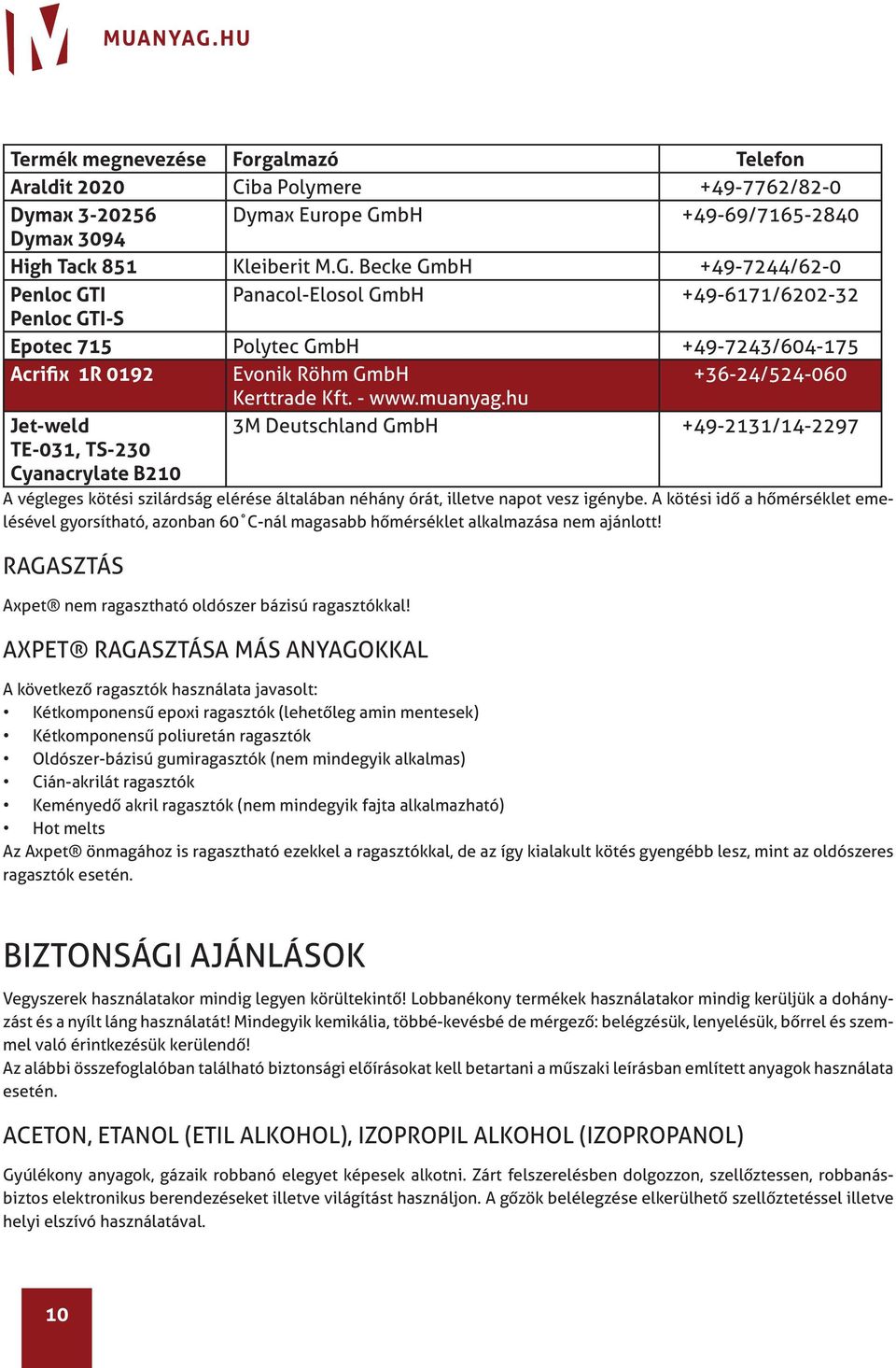 Becke GmbH +49-7244/62-0 Penloc GTI Panacol-Elosol GmbH +49-6171/6202-32 Penloc GTI-S Epotec 715 Polytec GmbH +49-7243/604-175 Acrifix 1R 0192 Evonik Röhm GmbH +36-24/524-060 Kerttrade Kft. - www.