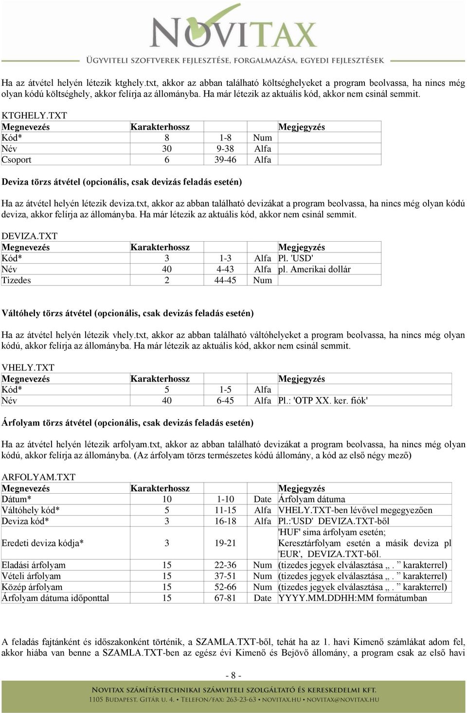 TXT Kód* 8 1-8 Num Név 30 9-38 Alfa Csoport 6 39-46 Alfa Deviza törzs átvétel (opcionális, csak devizás feladás esetén) Ha az átvétel helyén létezik deviza.