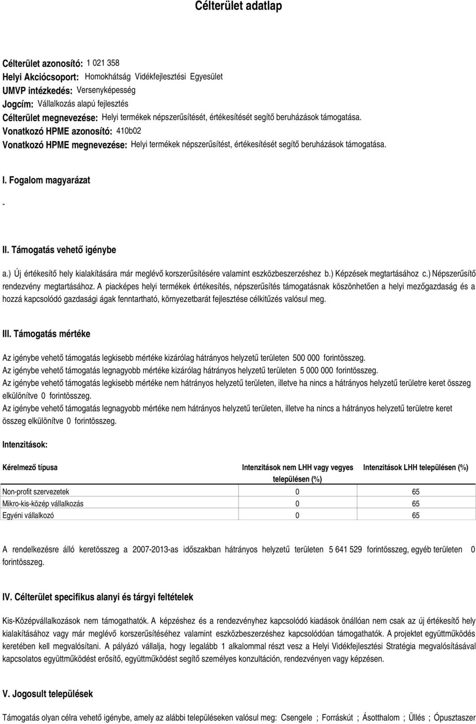 Vonatkozó HPME azonosító: 410b02 Vonatkozó HPME megnevezése: Helyi termékek népszerűsítést, értékesítését segítő beruházások támogatása. I. Fogalom magyarázat - II. Támogatás vehető igénybe a.