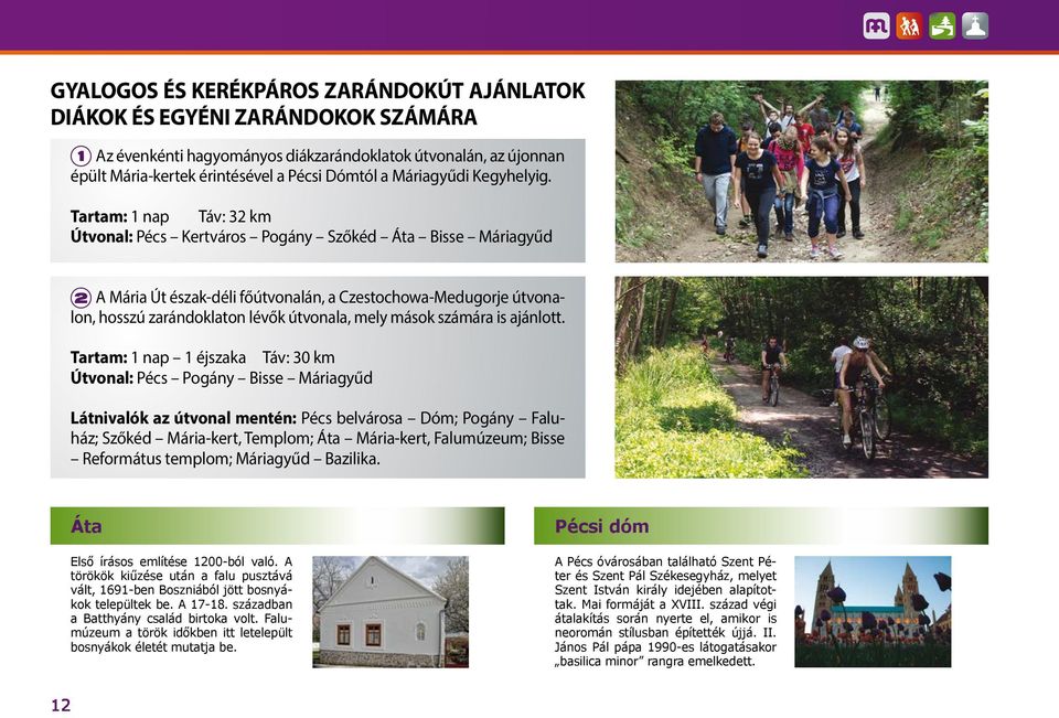 Tartam: 1 nap Táv: 32 km Útvonal: Pécs Kertváros Pogány Szőkéd Áta Bisse Máriagyűd 2 A Mária Út észak-déli főútvonalán, a Czestochowa-Medugorje útvonalon, hosszú zarándoklaton lévők útvonala, mely