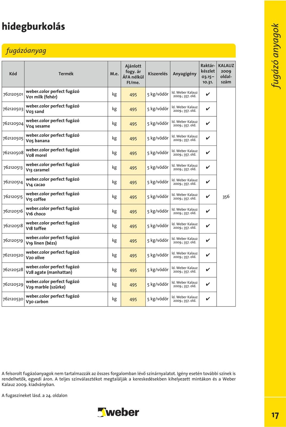 ; 357. old..; 357. old..; 357. old..; 357. old. 762120513 weber.color perfect fugázó V13 caramel kg 495 5 kg/.; 357. old. 762120514 weber.color perfect fugázó V14 cacao kg 495 5 kg/.; 357. old. 762120515 weber.