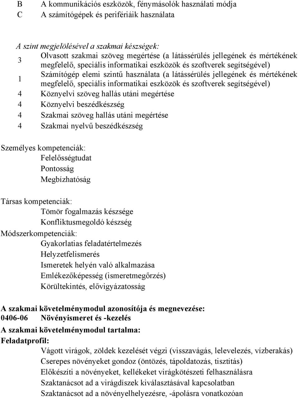 informatikai eszközök és szoftverek segítségével) 4 Köznyelvi szöveg hallás utáni megértése 4 Köznyelvi beszédkészség 4 Szakmai szöveg hallás utáni megértése 4 Szakmai nyelvű beszédkészség Személyes