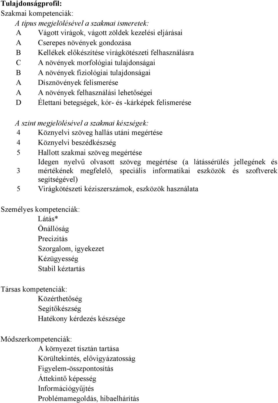 kór és kárképek felismerése A szint megjelölésével a szakmai készségek: 4 Köznyelvi szöveg hallás utáni megértése 4 Köznyelvi beszédkészség 5 Hallott szakmai szöveg megértése Idegen nyelvű olvasott