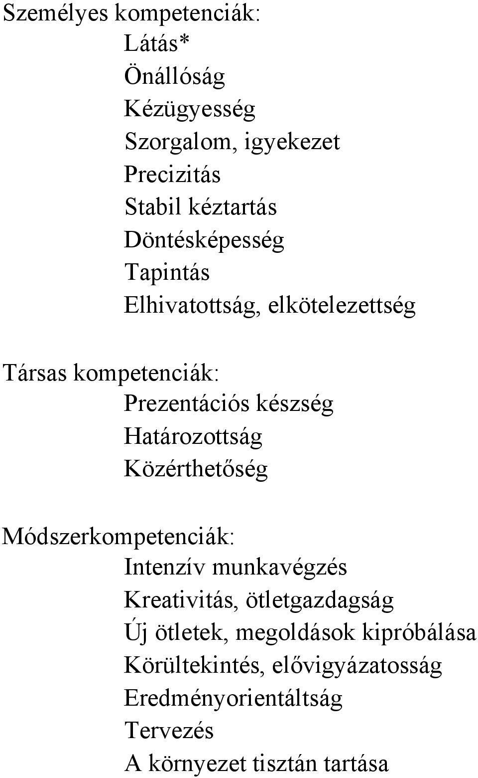 Határozottság Közérthetőség Módszerkompetenciák: Intenzív munkavégzés Kreativitás, ötletgazdagság Új