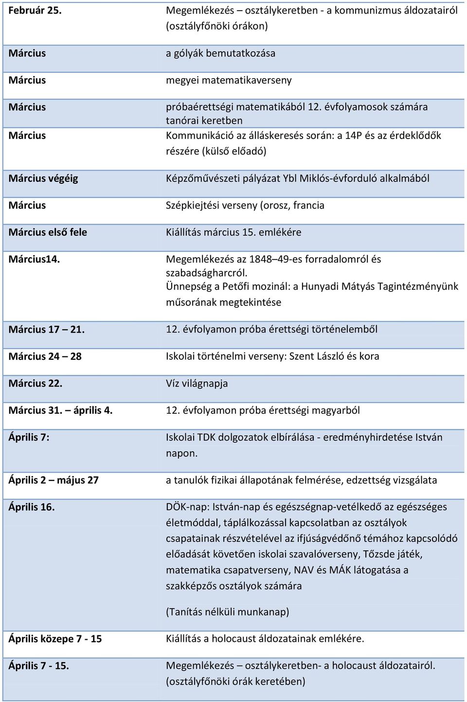 évfolyamosok számára tanórai keretben Kommunikáció az álláskeresés során: a 14P és az érdeklődők részére (külső előadó) Képzőművészeti pályázat Ybl Miklós-évforduló alkalmából Szépkiejtési verseny