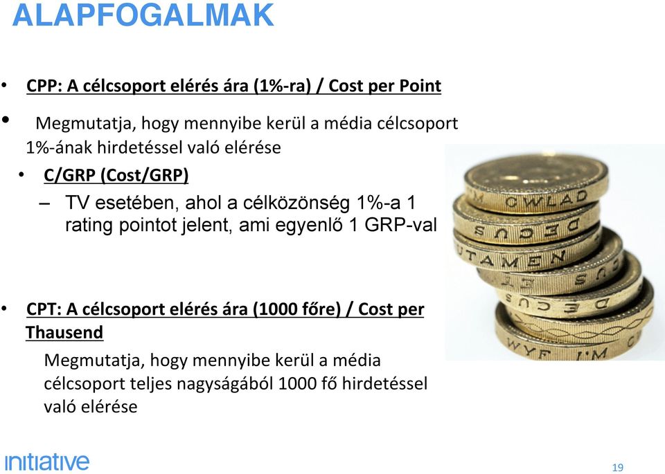 1 rating pointot jelent, ami egyenlő 1 GRP-val CPT: A célcsoport elérés ára (1000 főre) / Cost per