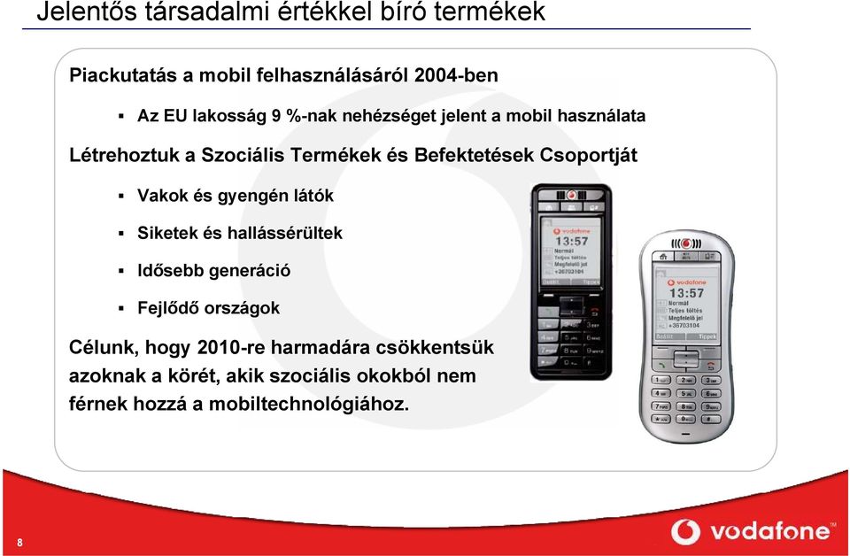 Vakok és gyengén látók Siketek és hallássérültek Idősebb generáció Fejlődő országok Célunk, hogy 2010-re