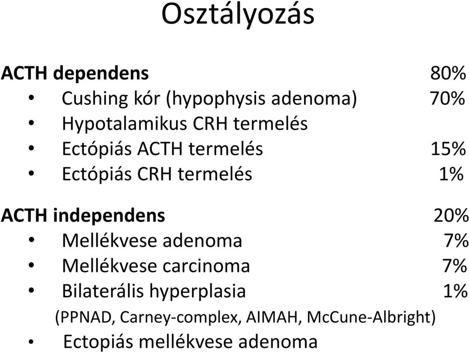 ACTH independens 20% Mellékvese adenoma 7% Mellékvese carcinoma 7% Bilaterális