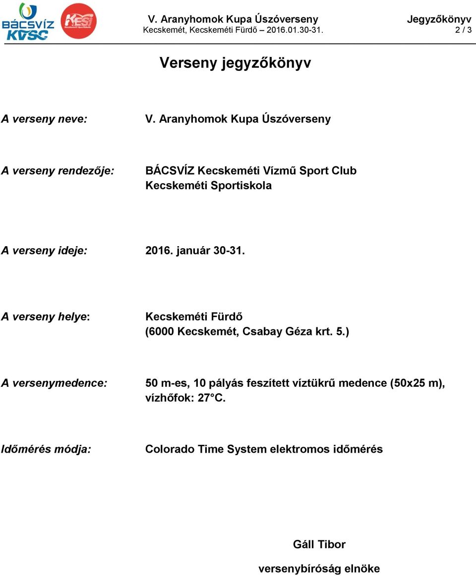 január 30-31. A verseny helye: Kecskeméti Fürdő (6000 Kecskemét, Csabay Géza krt. 5.