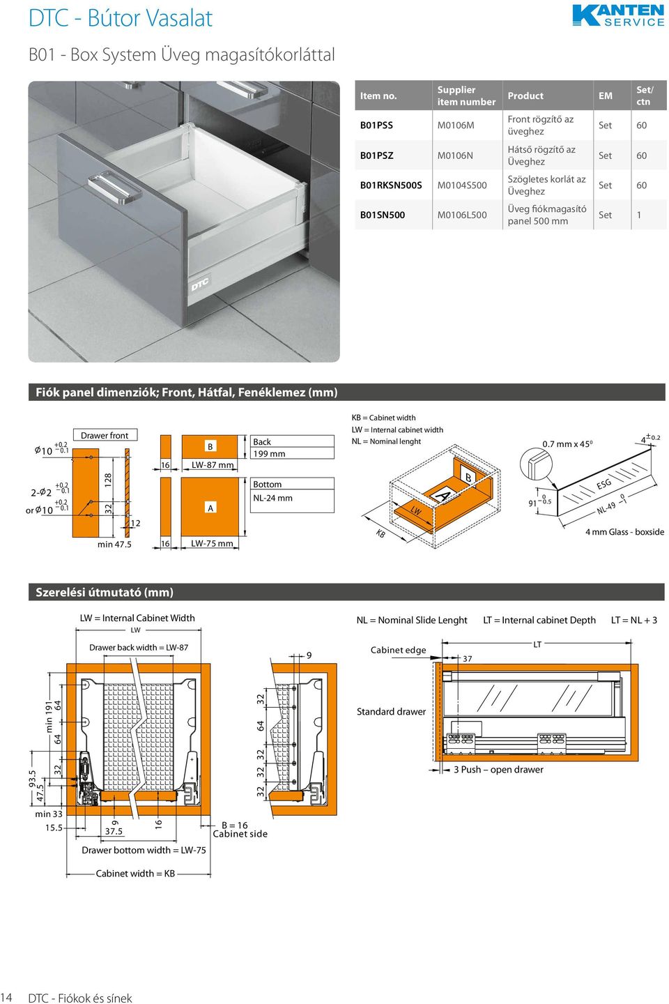 2 ESG NL-4 1 4 mm Glass - boxside Szerelési útmutató (mm) LW = Internal Cabinet Width LW NL = Nominal Slide Lenght LT = Internal cabinet Depth LT = NL + 3 Drawer back width = LW-87 Cabinet edge LT