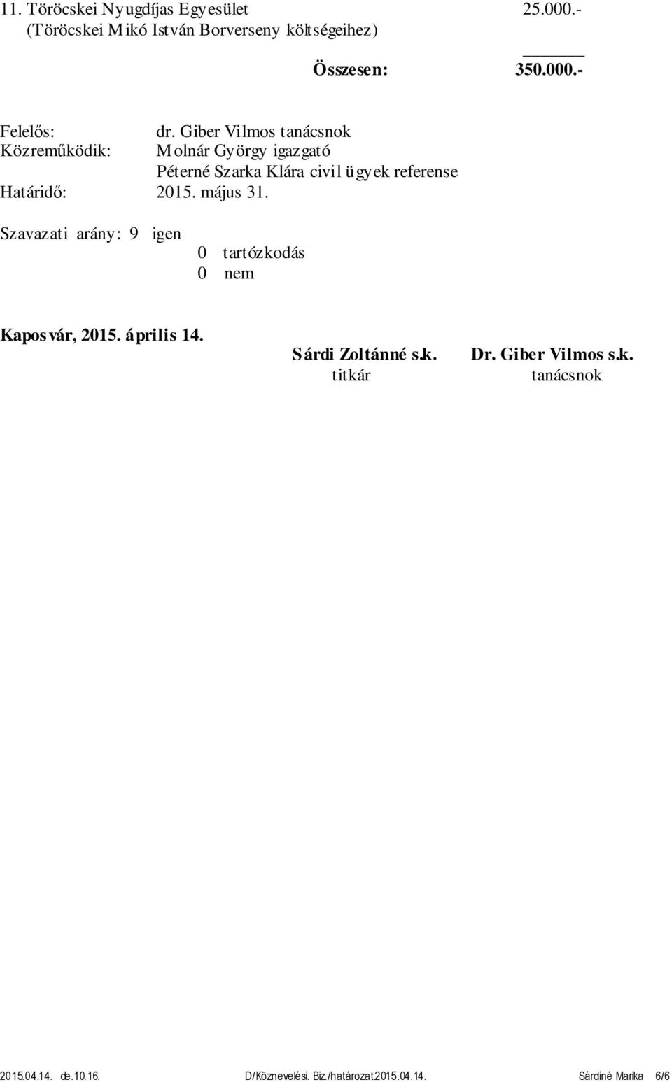 2015. május 31. Szavazati arány: 9 igen 0 tartózkodás 0 nem Kaposvár, 2015. április 14. Sárdi Zoltánné s.k. titkár Dr.