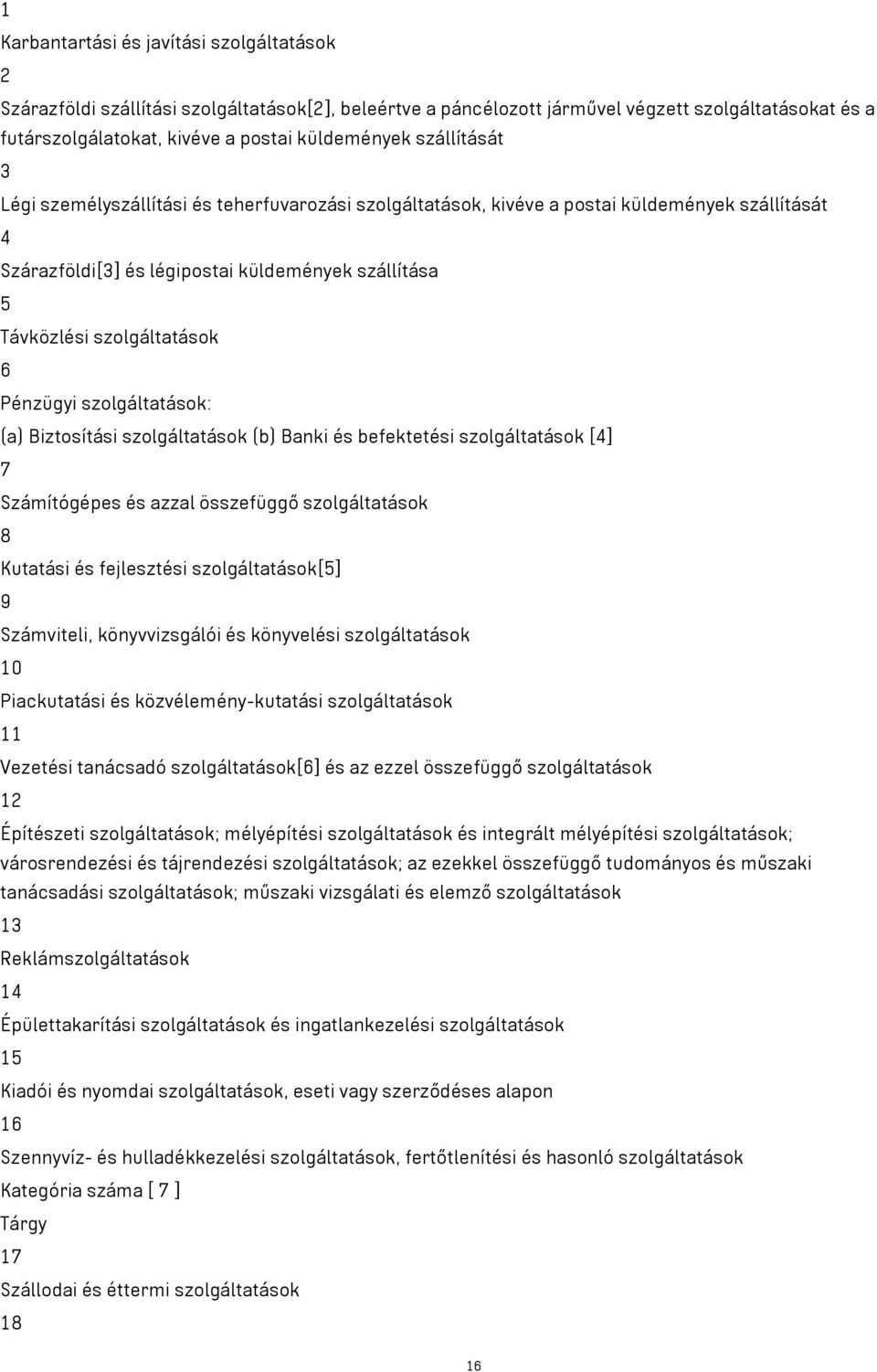 Pénzügyi szolgáltatások: (a) Biztosítási szolgáltatások (b) Banki és befektetési szolgáltatások [4] 7 Számítógépes és azzal összefüggő szolgáltatások 8 Kutatási és fejlesztési szolgáltatások[5] 9
