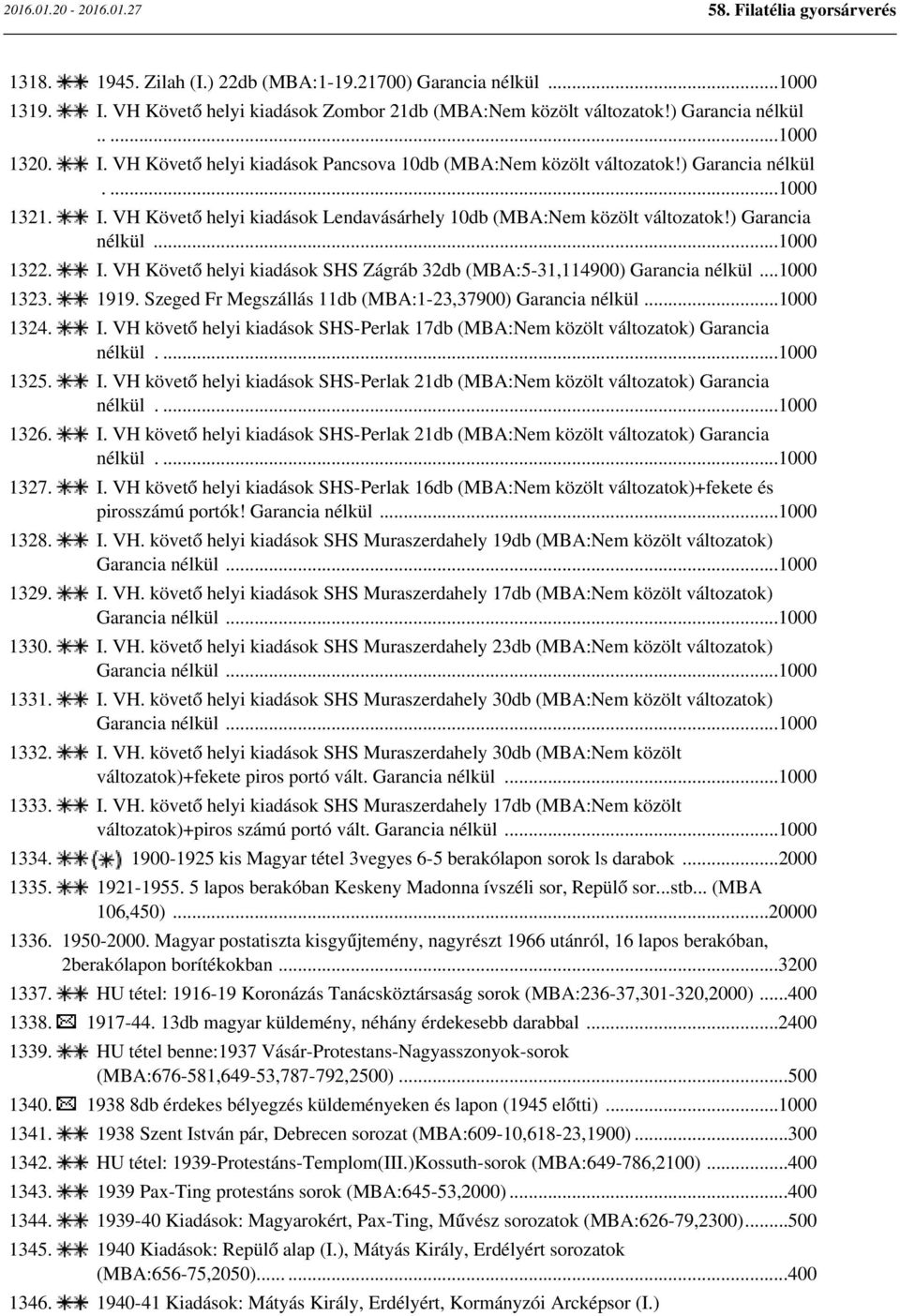 ..1000 1323. 1919. Szeged Fr Megszállás 11db (MBA:1-23,37900) Garancia nélkül...1000 1324. I. VH követő helyi kiadások SHS-Perlak 17db (MBA:Nem közölt változatok) Garancia nélkül....1000 1325. I. VH követő helyi kiadások SHS-Perlak 21db (MBA:Nem közölt változatok) Garancia nélkül.