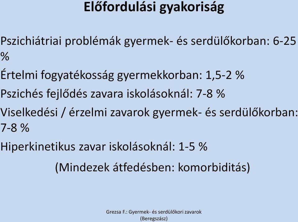 iskolásoknál: 7-8 % Viselkedési / érzelmi zavarok gyermek- és serdülőkorban: