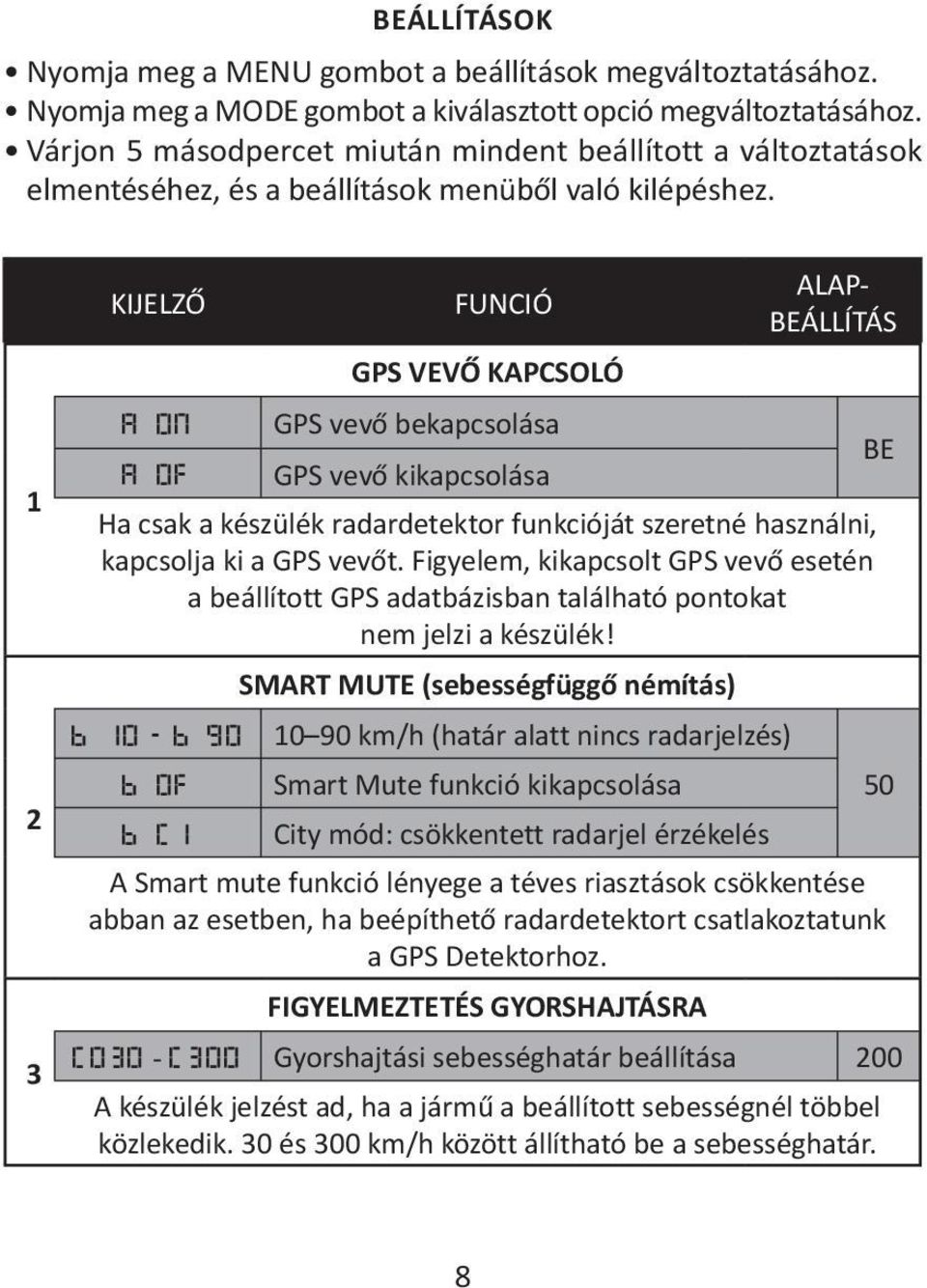 1 2 3 KIJELZŐ A on A of FUNCIÓ GPS VEVŐ KAPCSOLÓ GPS vevő bekapcsolása GPS vevő kikapcsolása ALAP- BEÁLLÍTÁS Ha csak a készülék radardetektor funkcióját szeretné használni, kapcsolja ki a GPS vevőt.