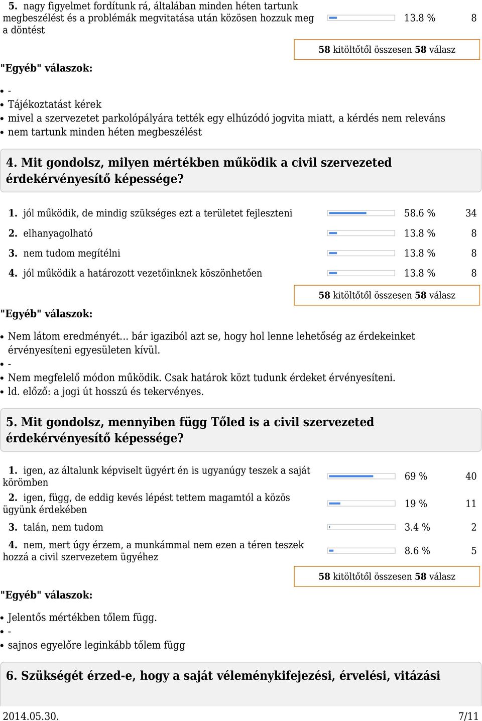 Mit gondolsz, milyen mértékben működik a civil szervezeted érdekérvényesítő képessége? 1. jól működik, de mindig szükséges ezt a területet fejleszteni 58.6 % 34 2. elhanyagolható 13.8 % 8 3.