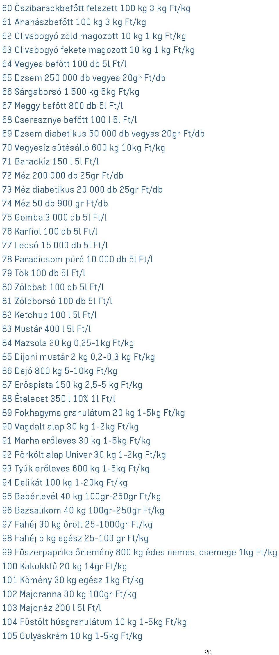 Vegyesíz sütésálló 600 kg 10kg Ft/kg 71 Barackíz 150 l 5l Ft/l 72 Méz 200 000 db 25gr Ft/db 73 Méz diabetikus 20 000 db 25gr Ft/db 74 Méz 50 db 900 gr Ft/db 75 Gomba 3 000 db 5l Ft/l 76 Karfiol 100