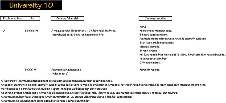 A "University" csomagok a fitnesz iránt elkötelezettek számára a legtökéletesebb megoldás.