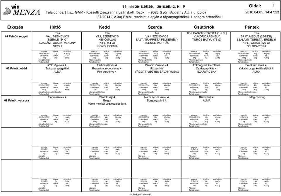 3. H - P 37/204 (IV.30) EMMI rendelet alapján a tápanyagértékek adagra értendőek! 206.04.05.