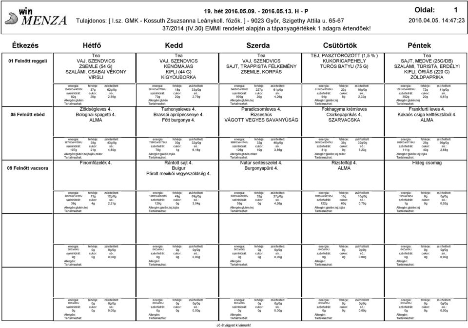 3. H - P 37/204 (IV.30) EMMI rendelet alapján a tápanyagértékek adagra értendőek! 206.04.05.