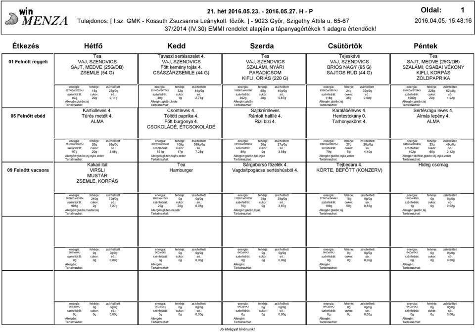 Túrós metélt 4. 83KCal/3477KJ 32g 44g/ 3 g 2,7g glutén,tojás Csontleves 4. Töltött paprika 4. Főtt burgonya 4. 080KCal/459K 68g 4/ 302g glutén 2 0,67g Sajtkrémleves Rántott halfilé 4. Rizi bizi 4.