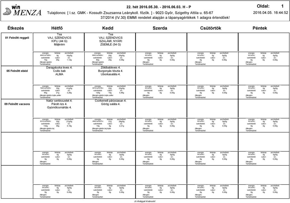 0,0 0,0 0,0 794KCal/3320KJ 35g 65g 2g glutén,tojás,zeller 4g/ 3,26g Párolt rizs 4. Gyümölcsmártás 4.