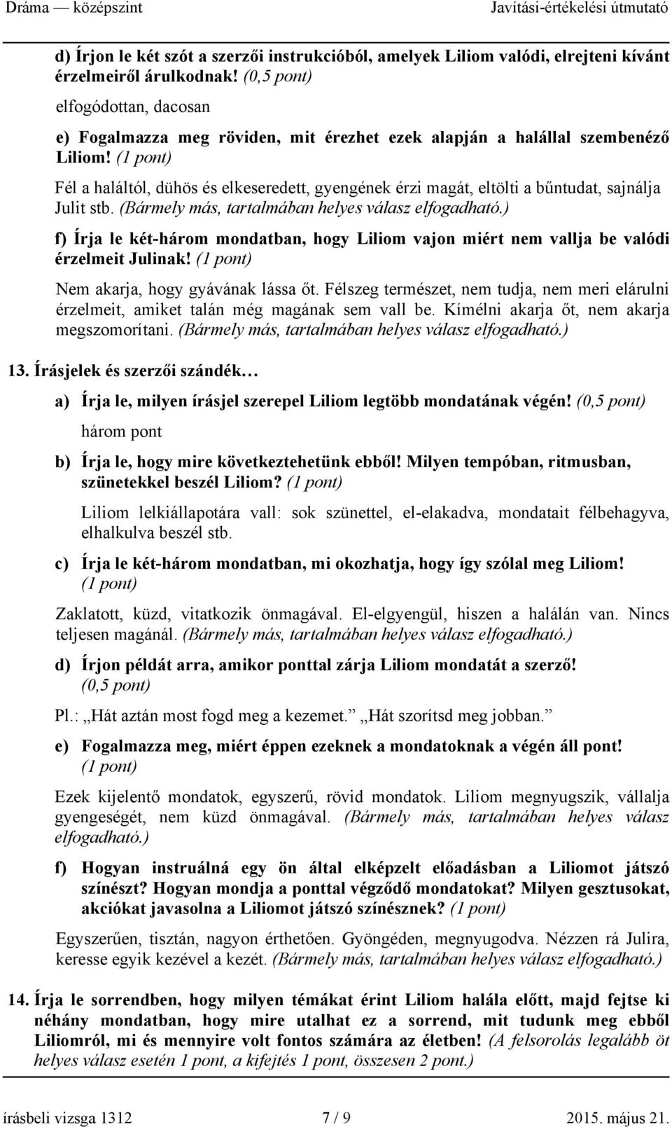 (1 pont) Fél a haláltól, dühös és elkeseredett, gyengének érzi magát, eltölti a bűntudat, sajnálja Julit stb. (Bármely más, tartalmában helyes válasz elfogadható.