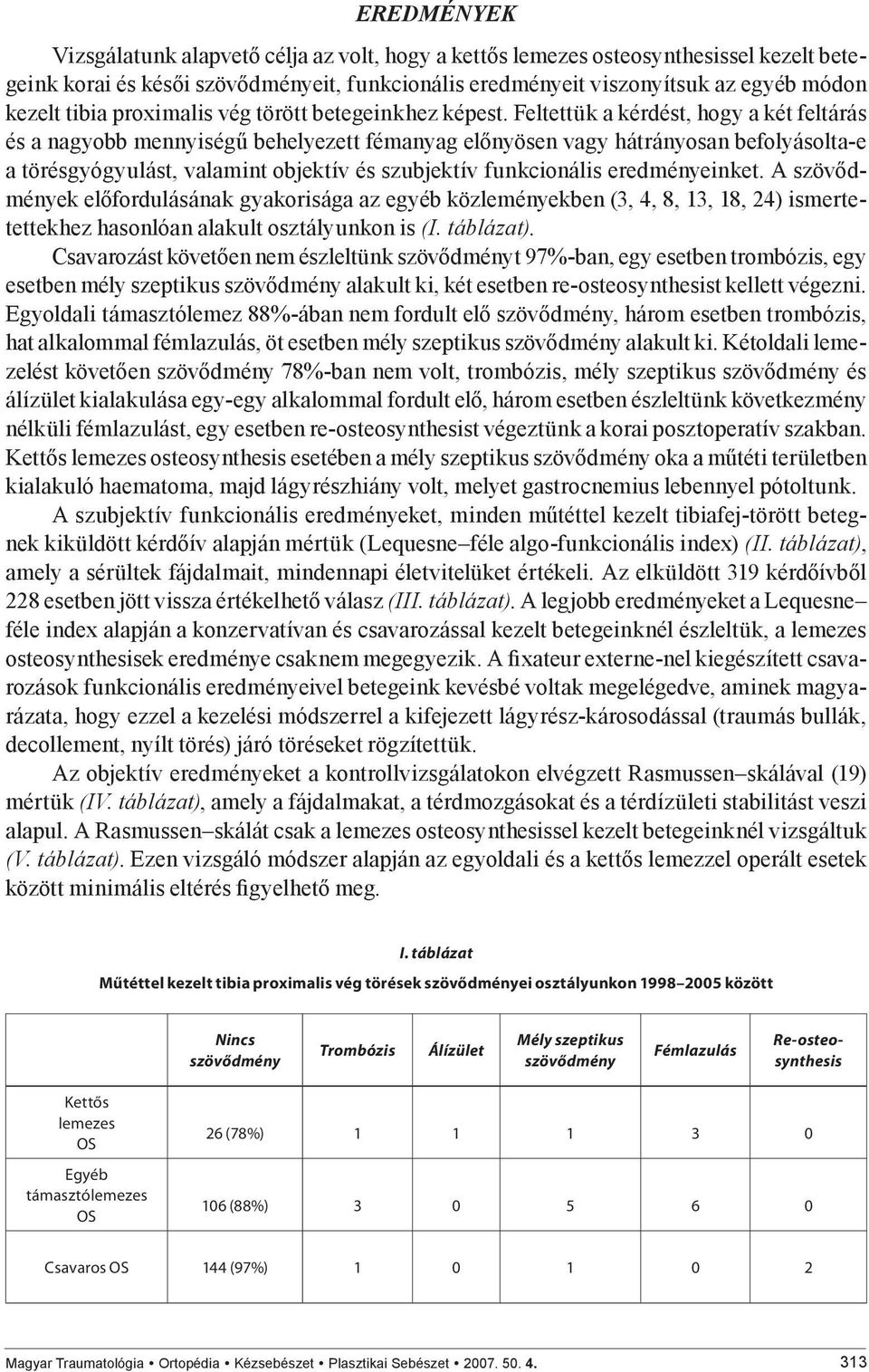 Feltettük a kérdést, hogy a két feltárás és a nagyobb mennyiségű behelyezett fémanyag előnyösen vagy hátrányosan befolyásolta-e a törésgyógyulást, valamint objektív és szubjektív funkcionális