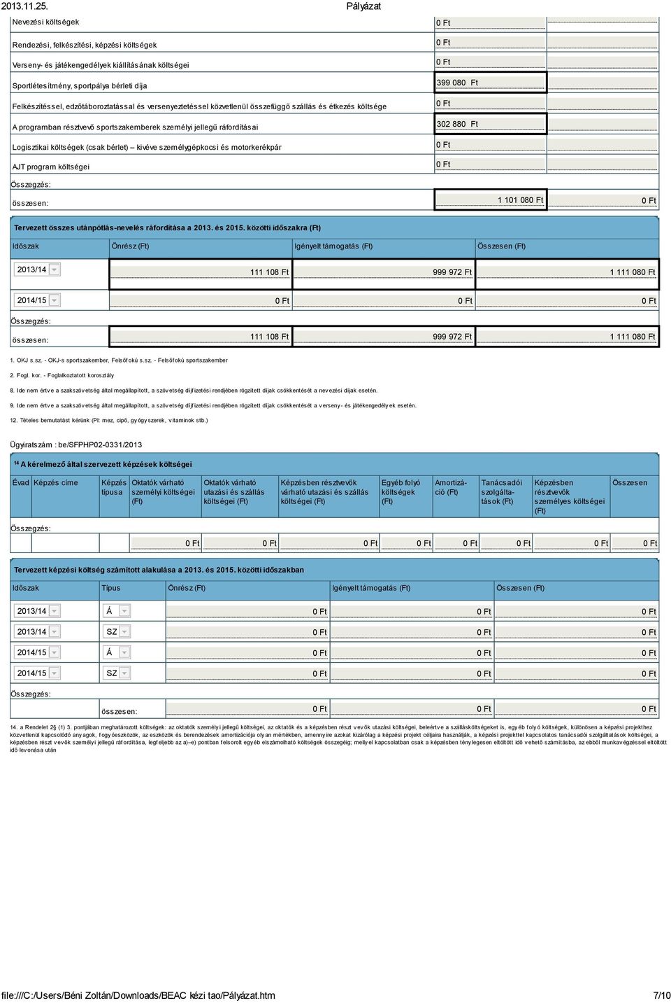 és motorkerékpár AJT program költségei 399 08 302 88 1 101 08 Tervezett összes utánpótlás-nevelés ráfordítása a 2013. és 2015.