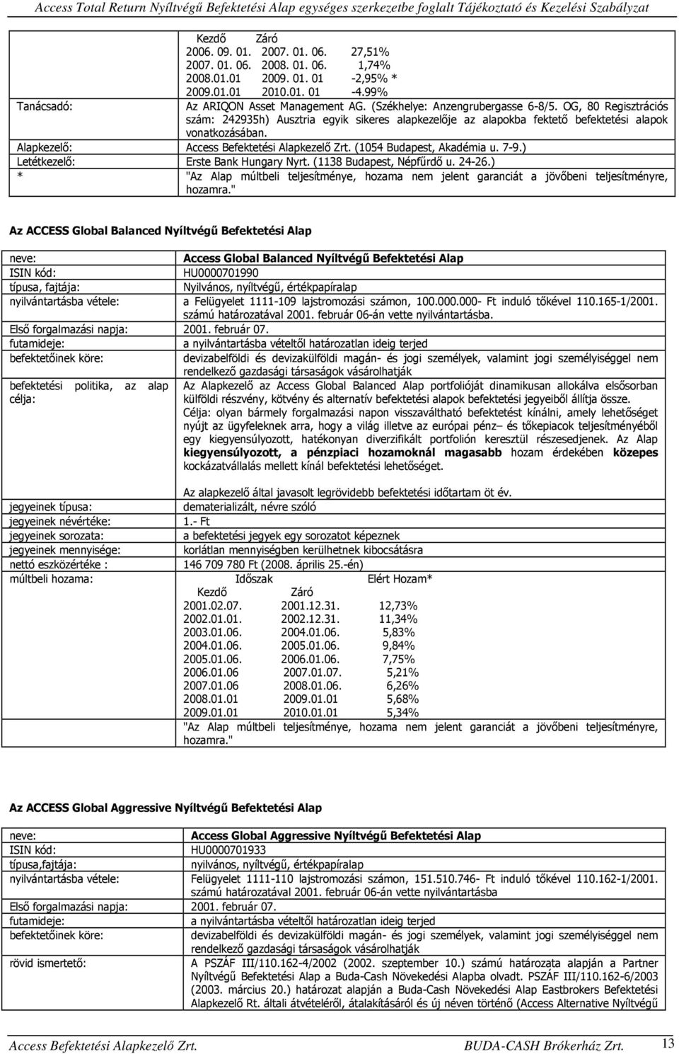 Alapkezelő: Access Befektetési Alapkezelő Zrt. (1054 Budapest, Akadémia u. 7-9.) Letétkezelő: Erste Bank Hungary Nyrt. (1138 Budapest, Népfűrdő u. 24-26.