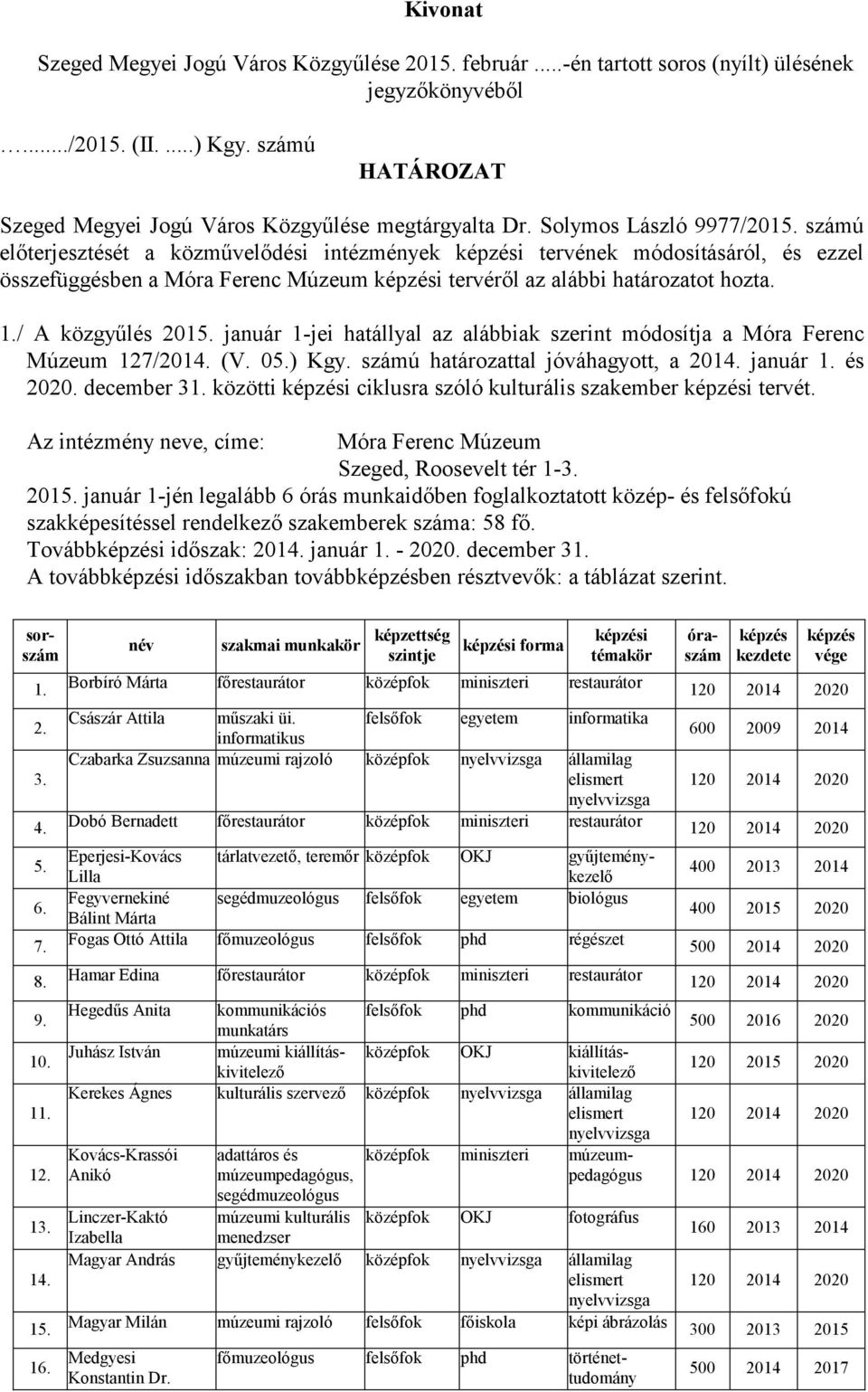 számú előterjesztését a közművelődési intézmények i tervének módosításáról, és ezzel összefüggésben a Móra Ferenc Múzeum i tervéről az alábbi határozatot hozta. 1./ A közgyűlés 2015.