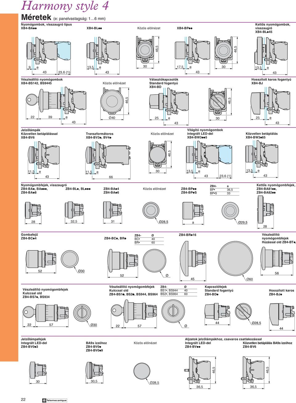 elölnézet XB-BV6 XB-BV3i, BVi Világító nyomógombok XB-BW3ii5 Közvetlen betáplálás XB-BW3i65 11,5 e 11,5 e 66 23,6 (1) Nyomógombfejek, visszaugró ZB-BAi, BAiii, ZB-BLi, BLiii ZB-BAi Közös elölnézet