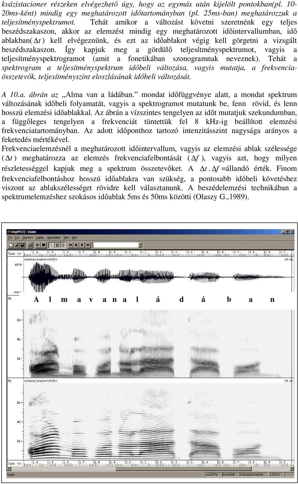 kell görgetni a vizsgált beszédszakaszon. Így kapjuk meg a gördülı teljesítményspektrumot, vagyis a teljesítményspektrogramot (amit a fonetikában szonogramnak neveznek).