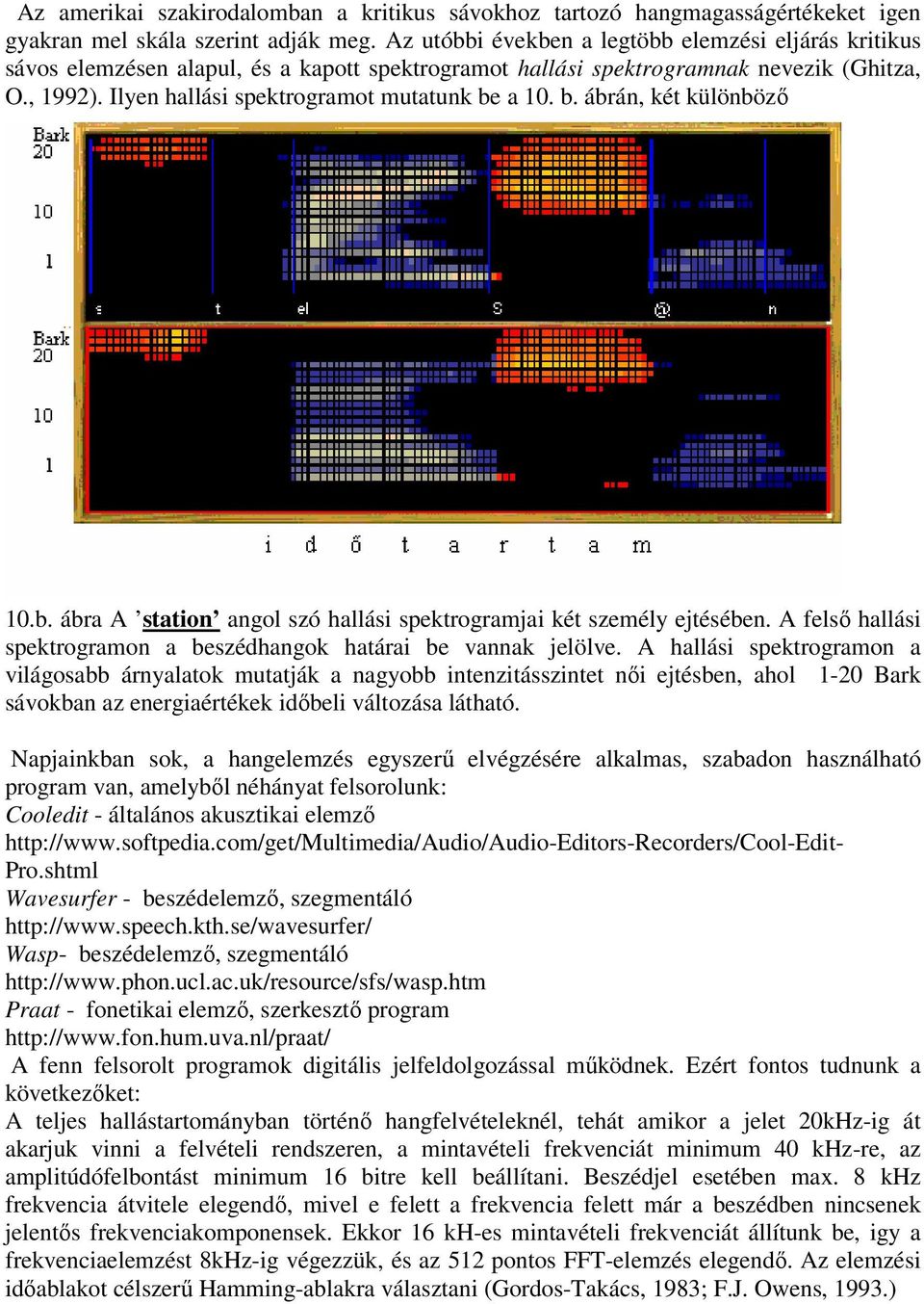 b. ábrán, két különbözı 10.b. ábra A station angol szó hallási spektrogramjai két személy ejtésében. A felsı hallási spektrogramon a beszédhangok határai be vannak jelölve.