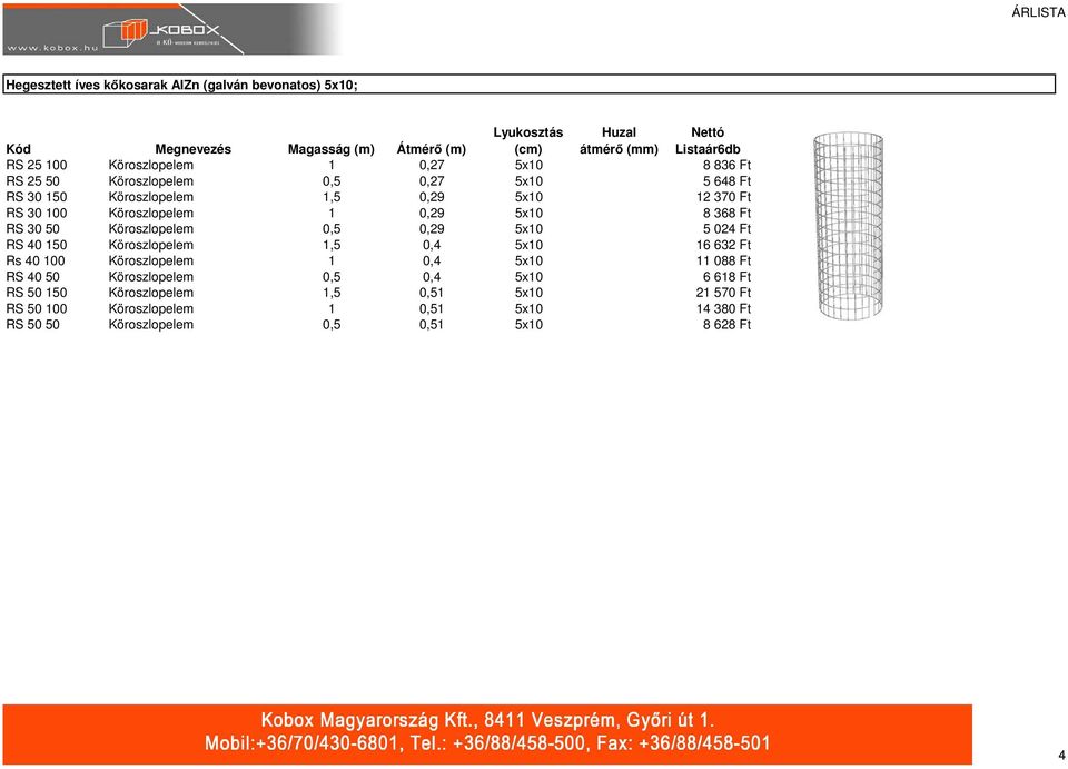 30 50 Köroszlopelem 0,5 0,29 5x10 5 024 Ft RS 40 150 Köroszlopelem 1,5 0,4 5x10 16 632 Ft Rs 40 100 Köroszlopelem 1 0,4 5x10 11 088 Ft RS 40 50 Köroszlopelem