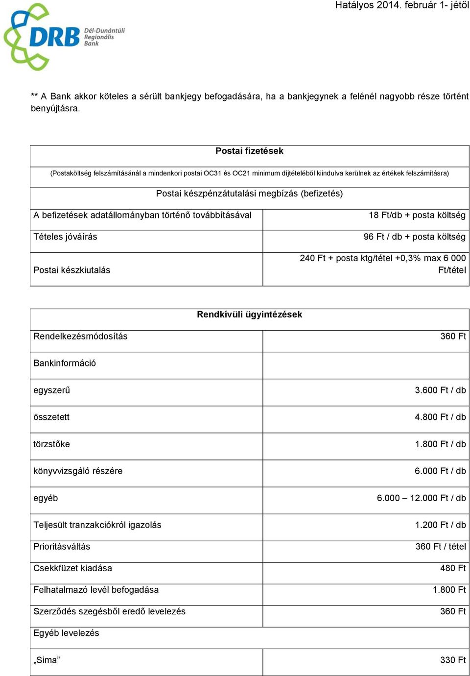 befizetések adatállományban történő továbbításával Tételes jóváírás Postai készkiutalás 18 Ft/db + posta költség 96 Ft / db + posta költség 24 + posta ktg/tétel +0,3% max 6 000 Ft/tétel Rendkívüli