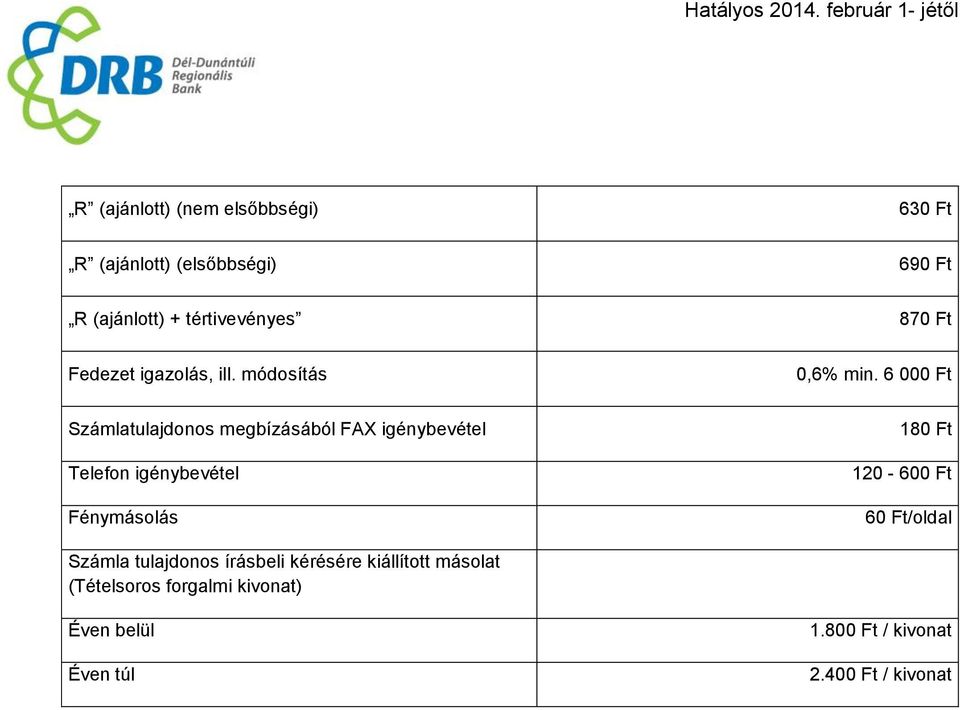 6 00 Számlatulajdonos megbízásából FAX igénybevétel Telefon igénybevétel Fénymásolás 18