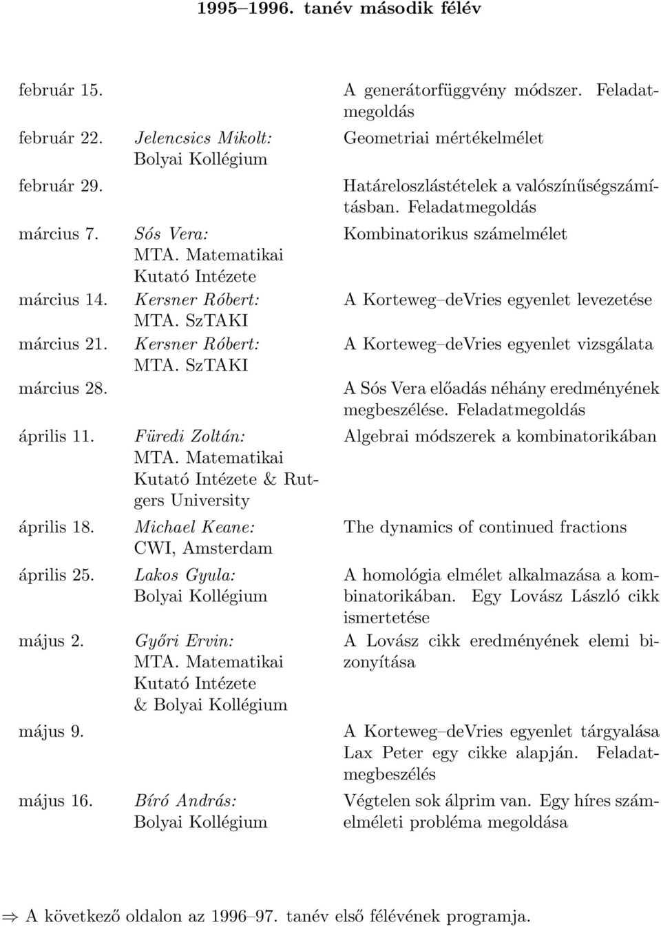 Matematikai Kutató & Rutgers University Michael Keane: CWI, Amsterdam Lakos Gyula: Győri Ervin: MTA. Matematikai Kutató & Bíró András: A generátorfüggvény módszer.