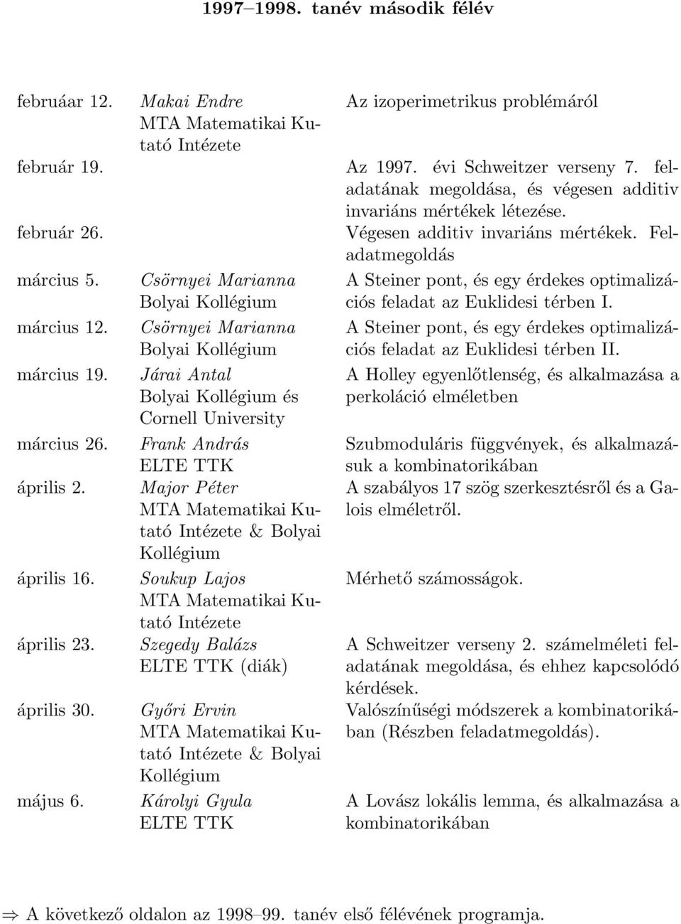 Csörnyei Marianna A Steiner pont, és egy érdekes optimalizációs feladat az Euklidesi térben I. március 12.