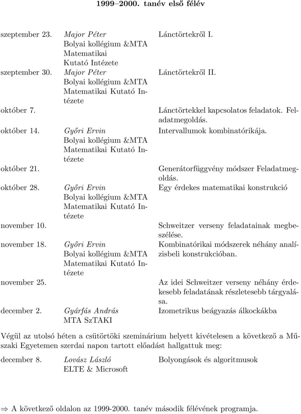 Lánctörtekkel kapcsolatos feladatok. Intervallumok kombinatórikája. Generátorfüggvény módszer Egy érdekes matematikai konstrukció Schweitzer verseny feladatainak megbeszélése.