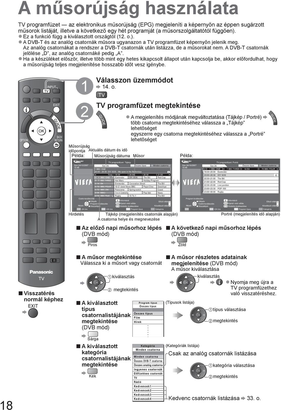 Az analóg csatornákat a rendszer a DVB-T csatornák után listázza, de a műsorokat nem. A DVB-T csatornák jelölése D, az analóg csatornáké pedig A.