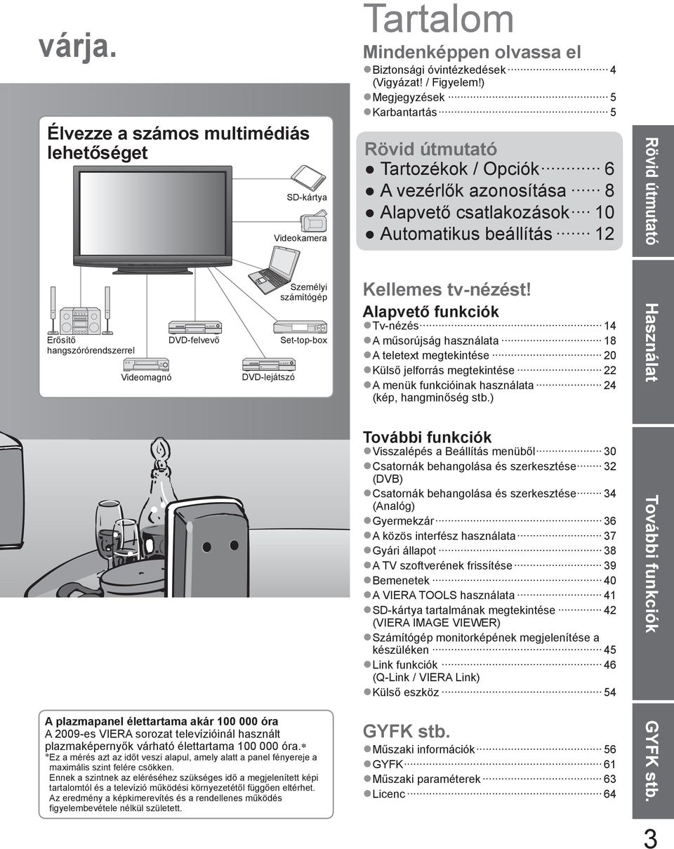 DVD-felvevő DVD-lejátszó Személyi számítógép Set-top-box A plazmapanel élettartama akár 100 000 óra A 2009-es VIERA sorozat televízióinál használt plazmaképernyők várható élettartama 100 000 óra.